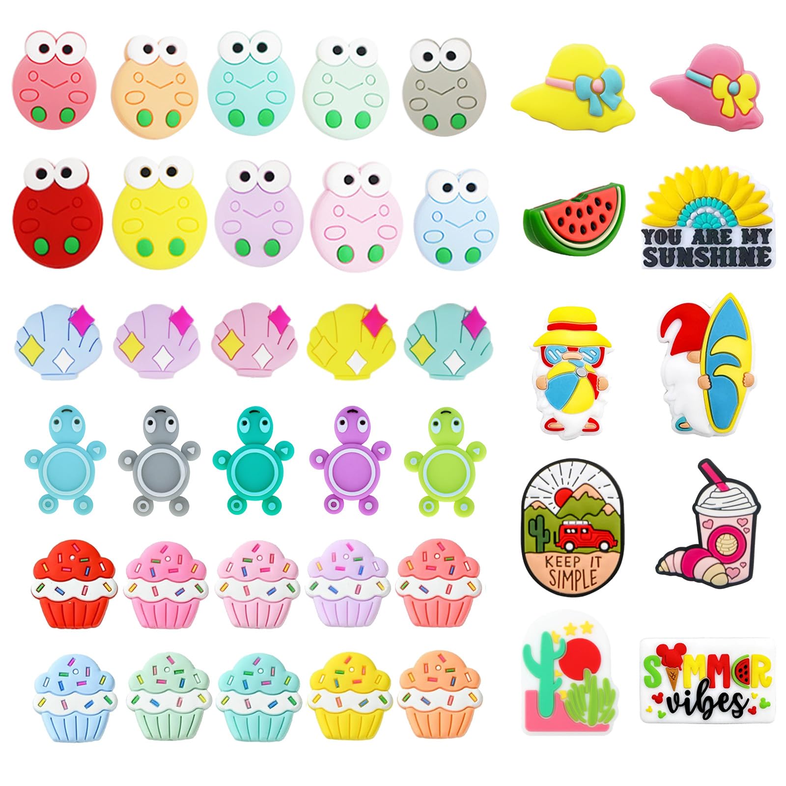 Yushen40Pcs Summer Focal Beads for Pens, Frog Turtle Ice Cream Hawaii Silicone Focal Beads Bulk for Keychain Making Beadable Pens Topper Bracelet Watermelon Conch Beach