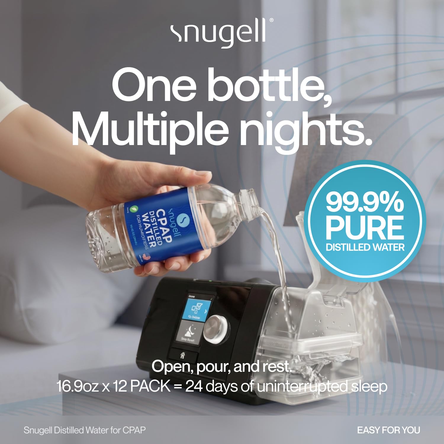 Snugell Agua destilada para humidificadores CPAP | Paquete de 12 botellas 16.9 oz H20 | Apto para viajes | 16.9oz H2O | Fabricado en Estados Unidos |