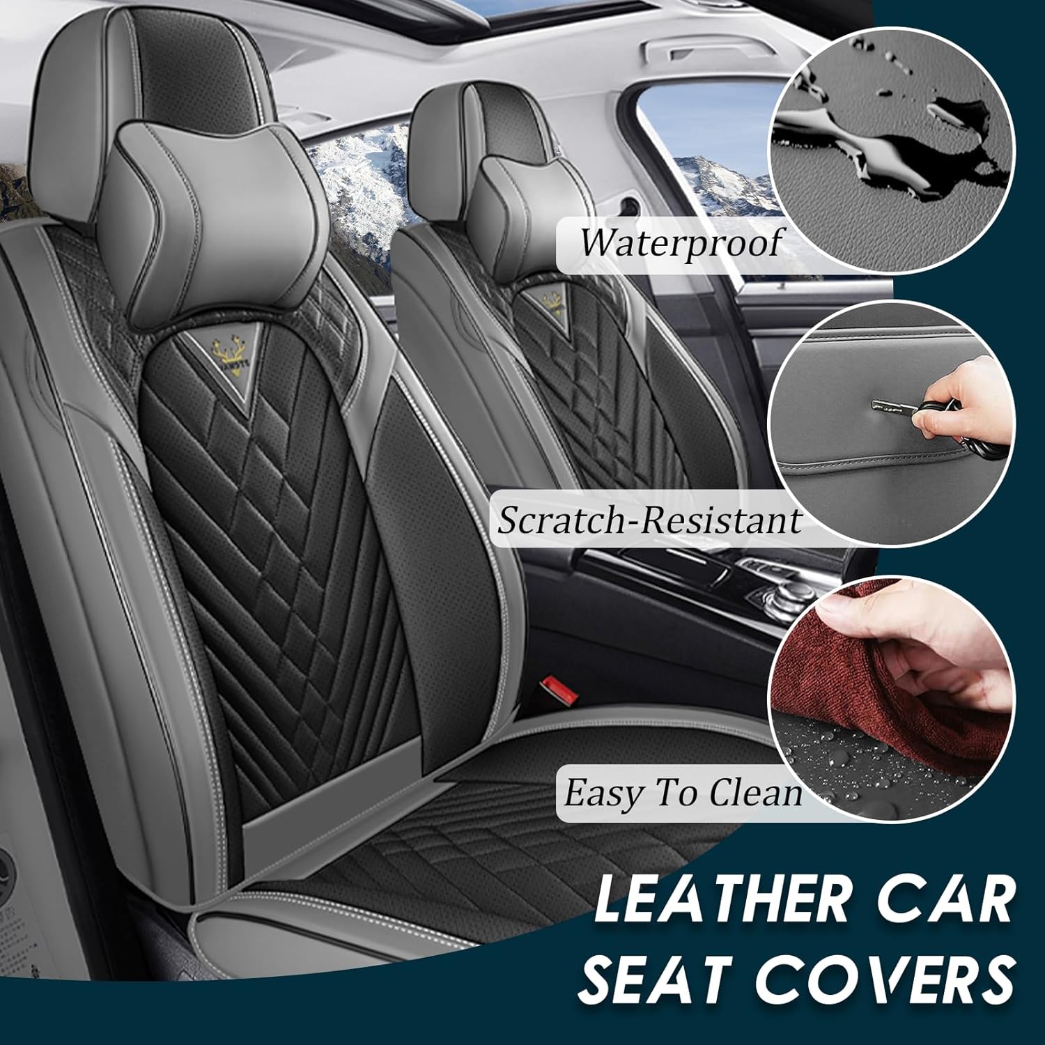 Car Seat Covers Fit For Volkswagen Tiguan 2009-2025 ,5 Seats Non-Slip Nappa Leather Seat Covers, Airbag Compatible, Sports Car Seat Protector Premium Interior.(Luxury 5 Seats With Pillows,Gray Black)