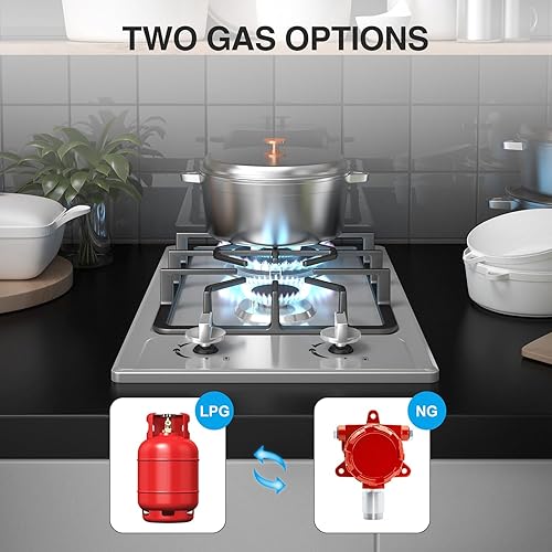 Miniatura 5 de Estufa de cocina a gas, 2 quemadores, portátil de acero inoxidable de 12 pulgadas, combustible dual GLP/NG, estufa de gas integrada, ideal