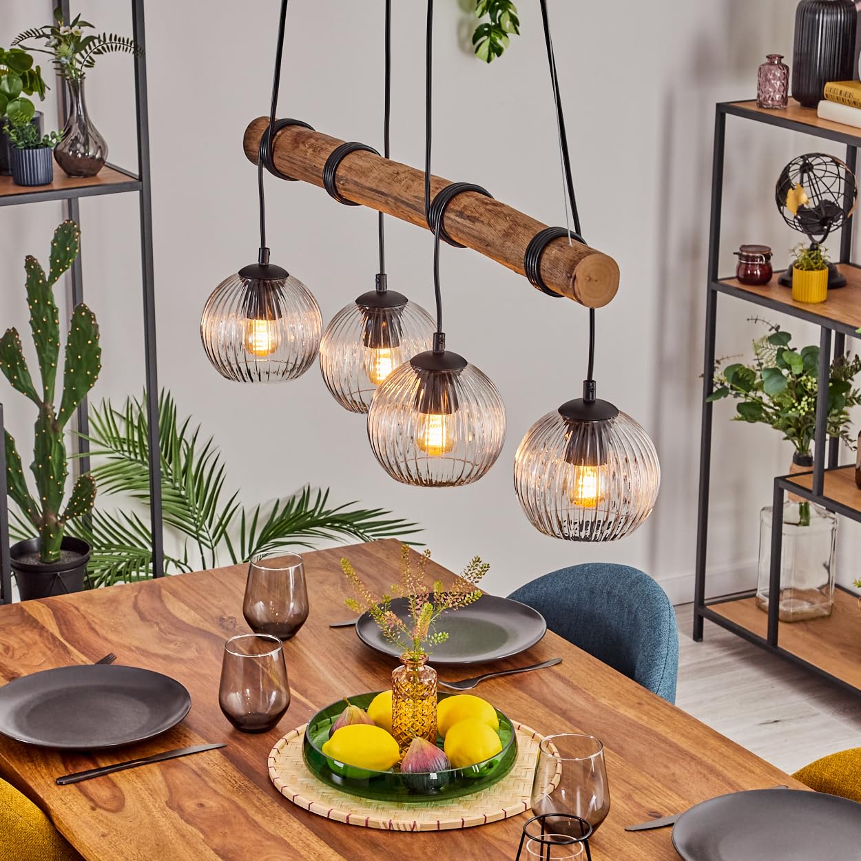 HOFSTEIN Pendant lamp Koyoto, 4-Burner Hanging lamp Made of Metal/Wood/Fluted Glass in Black/Natural/Clear, Vintage with Glass Shades and Wooden Beams, max. 150cm, E27, Dining, Living Room, Kitchen