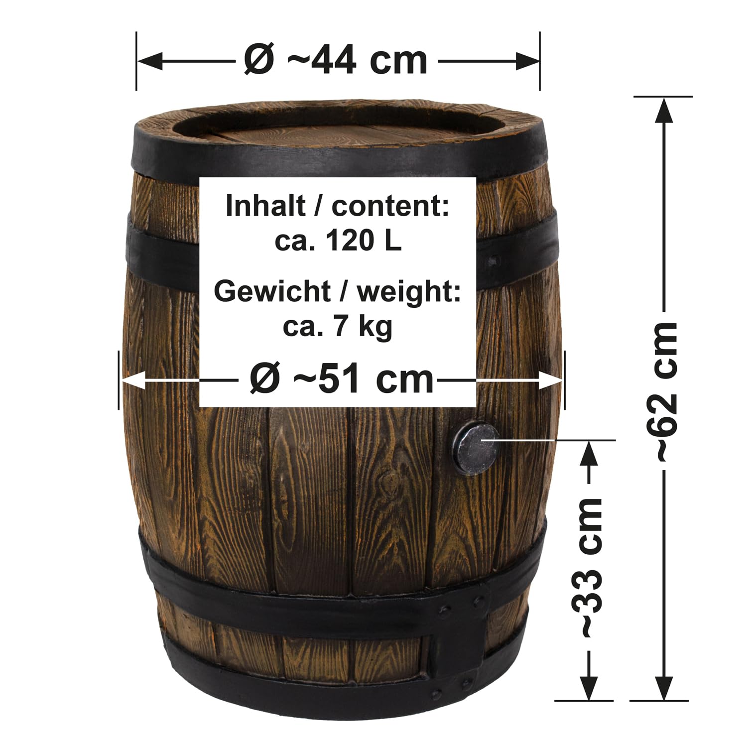 Beczka na deszczówkę, beczka ogrodowa, beczka dębowa, mosiężny kran o wyglądzie drewna (120 l, beczka dębowa + mosiężny kran)