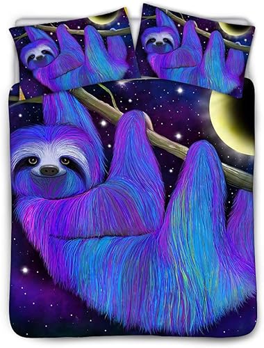 JEOCODY Funda de edredón con diseño de perezoso morado fresco con fundas de almohada, 3 piezas, funda de edredón transpirable, juego de ropa de cama