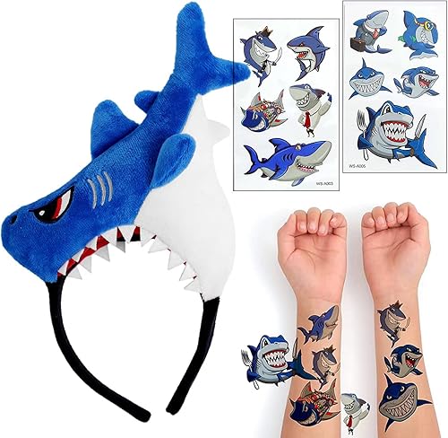 Miniatura 7 de DEODARI Diadema de tiburón, sombrero de tiburón, para niños, con tatuaje de tiburón, para recuerdos de fiesta de tiburón, 1 unidad
