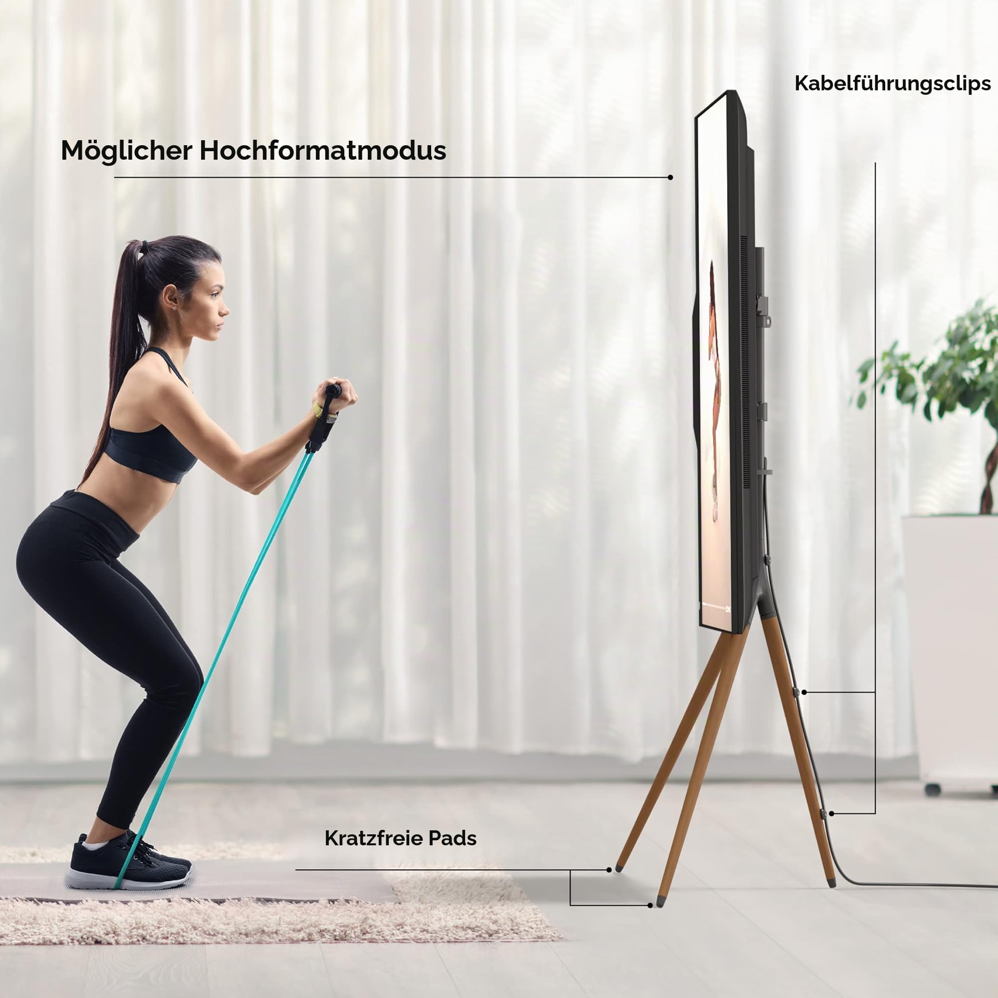 ONKRON TV Staffelei 32-65 Zoll, bis 35 kg, max VESA 400x400, TS1220-B | TV Ständer Dreibein 360° schwenkbar, aus Holz, höhenverstellbar, Hochformat, Kabelclips; für Wohnzimmer, Hotels & Events