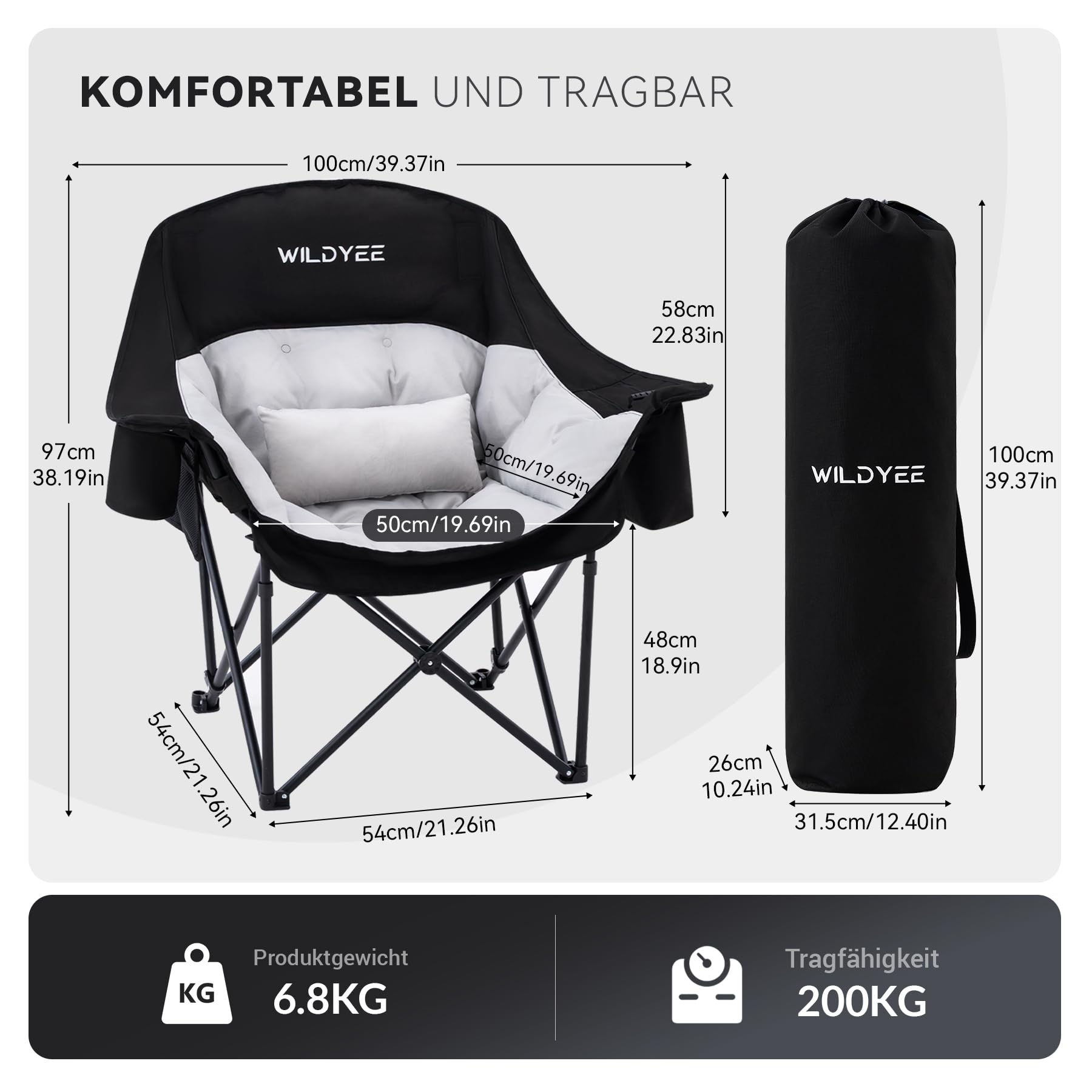 Campingstuhl Faltbar XXL mit Lendenkissen, 200kg Belastbar | Klappbar&Tragbar, Hochlehner, 800D Polyester, mit Getränkehalter Kühltasche Tragetasche, für Outdoor Garten Balkon Indoor