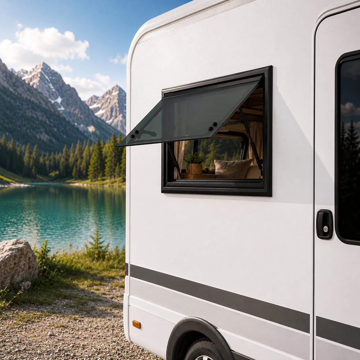 Wohnmobilfenster Ausstellfenster 50x35 cm, Wohnwagen Fenster mit Fliegengitter und Sonnenschutz, 85° Camper Fenster Seitenfenster aus gehärtetem Glas, Caravan Ersatzfenster für Wohnmobil Van Kastenwag