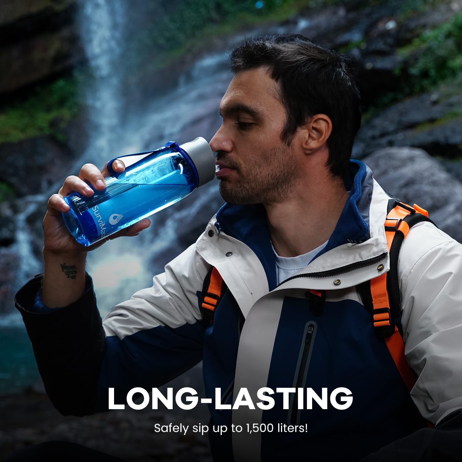 SurviMate Botella de agua filtrada de 5 etapas de 0,01 μm, material sin BPA, certificado NSF/ANSI 42 y 372, botella de filtro de agua portátil para supervivencia, camping, senderismo y uso de
