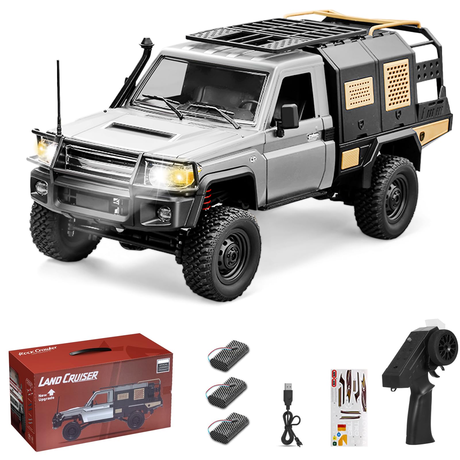 Hylukon Remote Control Cars MN-82S 1/12 RC Crawler 2.4G 4WD Rock Crawler AllTerrain LED Lights 80mins Fun Time Indoor Outdoor Offroad Vehicle Toy Gifts for Adult 3 Rechargeable Battery Silver Grey
