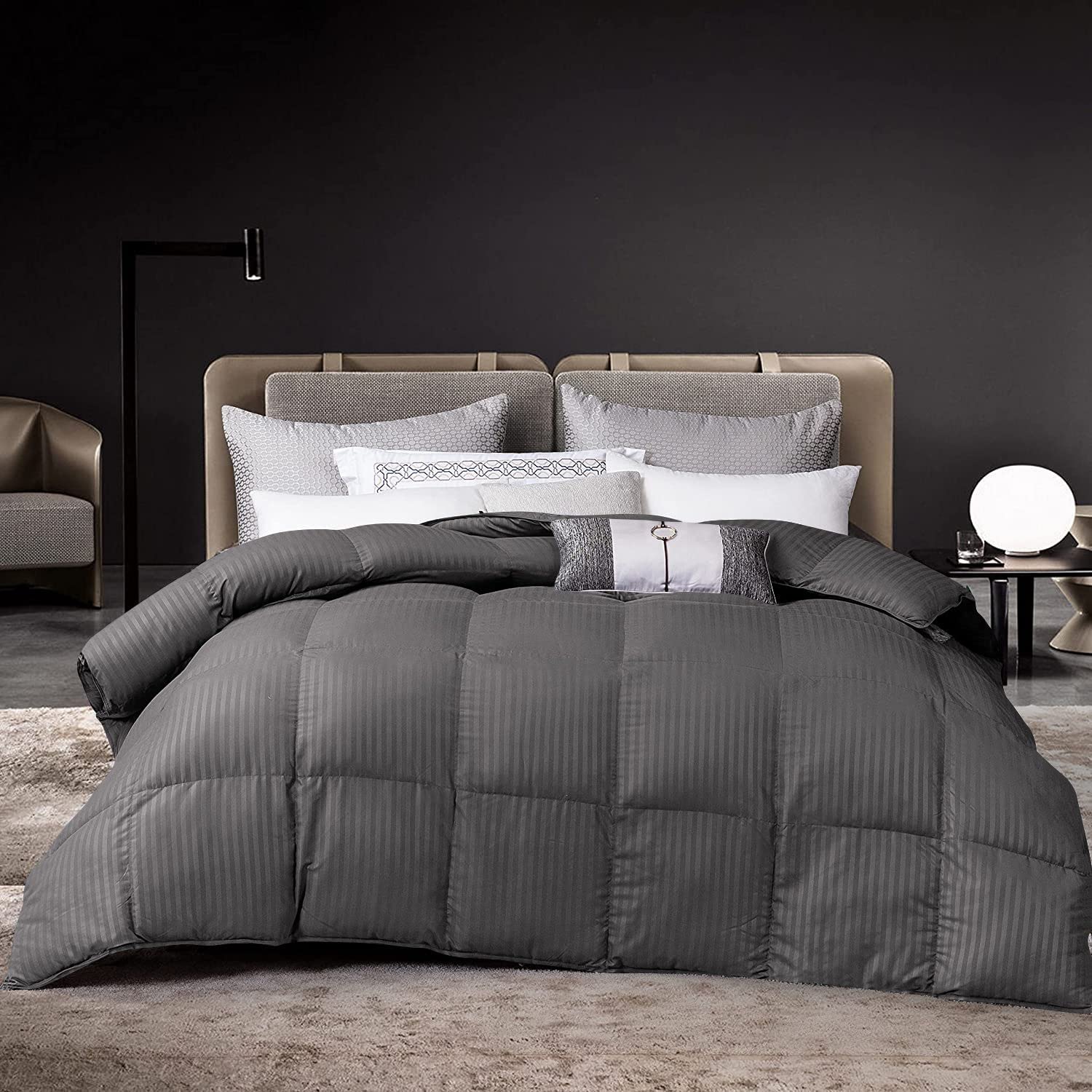 Luxurious 1000 Thread Count 3 Piece Comforter Set, 100% Egyptian Cotton Cover, Damask Stripe, 500 GSM Filling - King/California King Size, Dark Grey Color