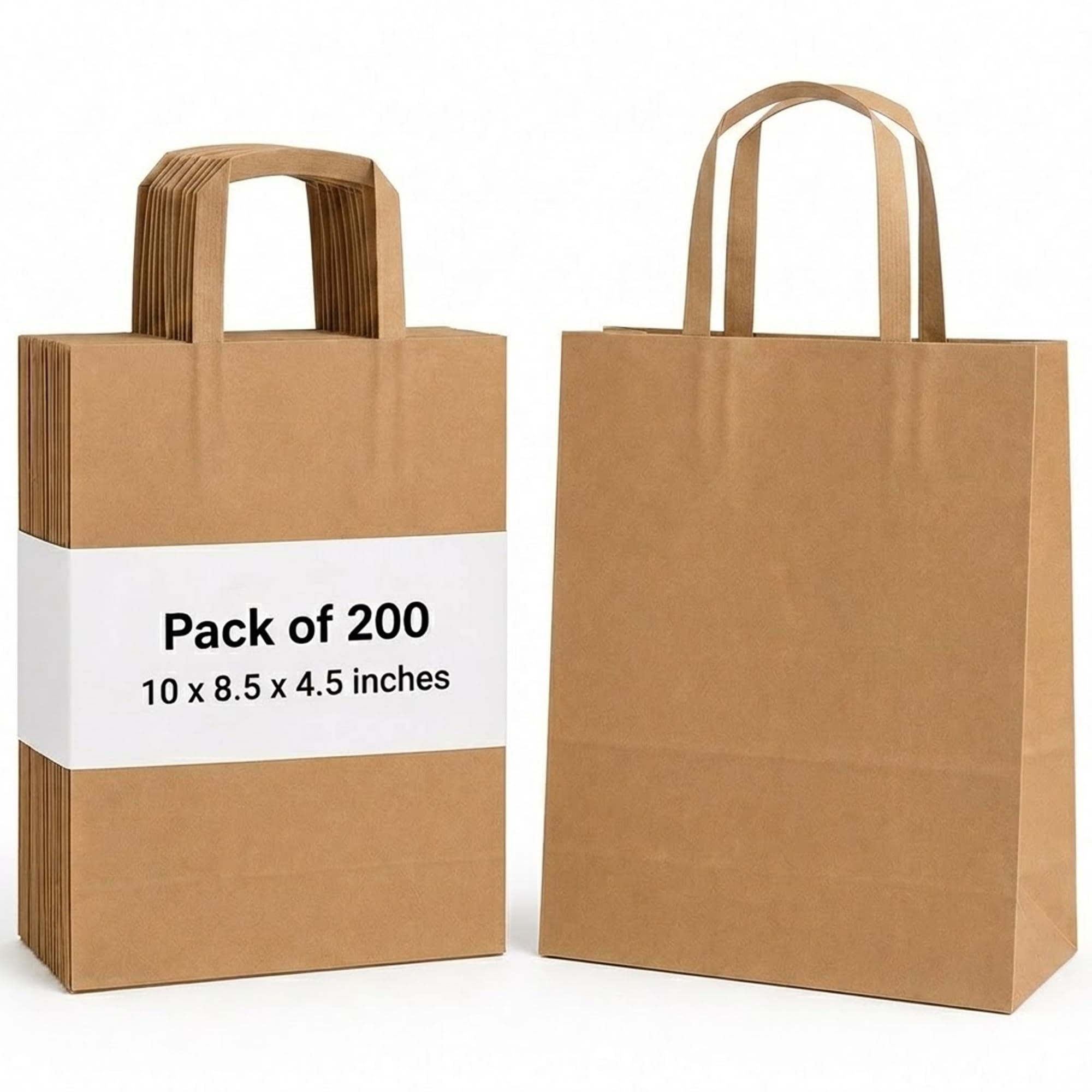Pack8 Medium Brown Eco-Friendly Kraft Paper Bags with Handles 80gsm Strong Carrier Bags for Grocery, Takeaway Food, Retail Shopping, Gift Packaging (Pack 200)