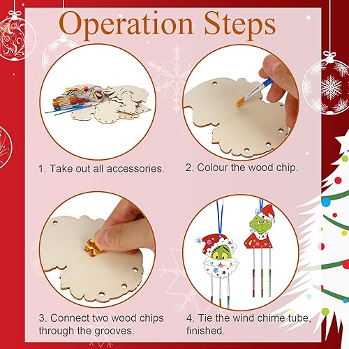 Miniatura 5 de Paquete de 9 carillones de viento para niños, kits de manualidades de Navidad, carillón de viento Grinch, adornos de madera sin terminar para niños