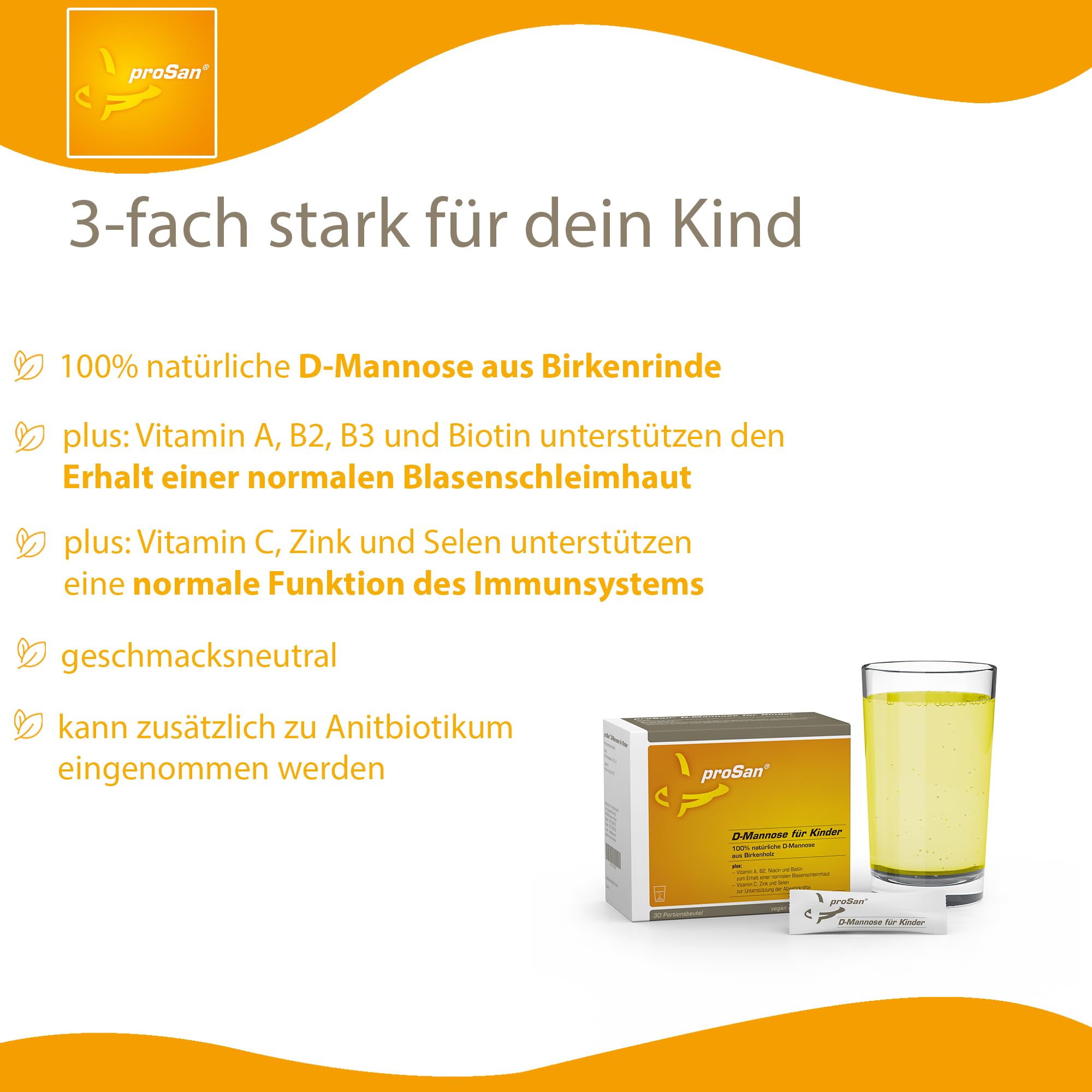 proSan D-Mannose für Kinder ab 4 Jahren (Monatspackung: 30 Sachets) | vegan, ohne Zusatzstoffe, 100% natürliches D-Mannose-Pulver aus Birke, mit Vitalstoffen für Blasenschleimhaut
