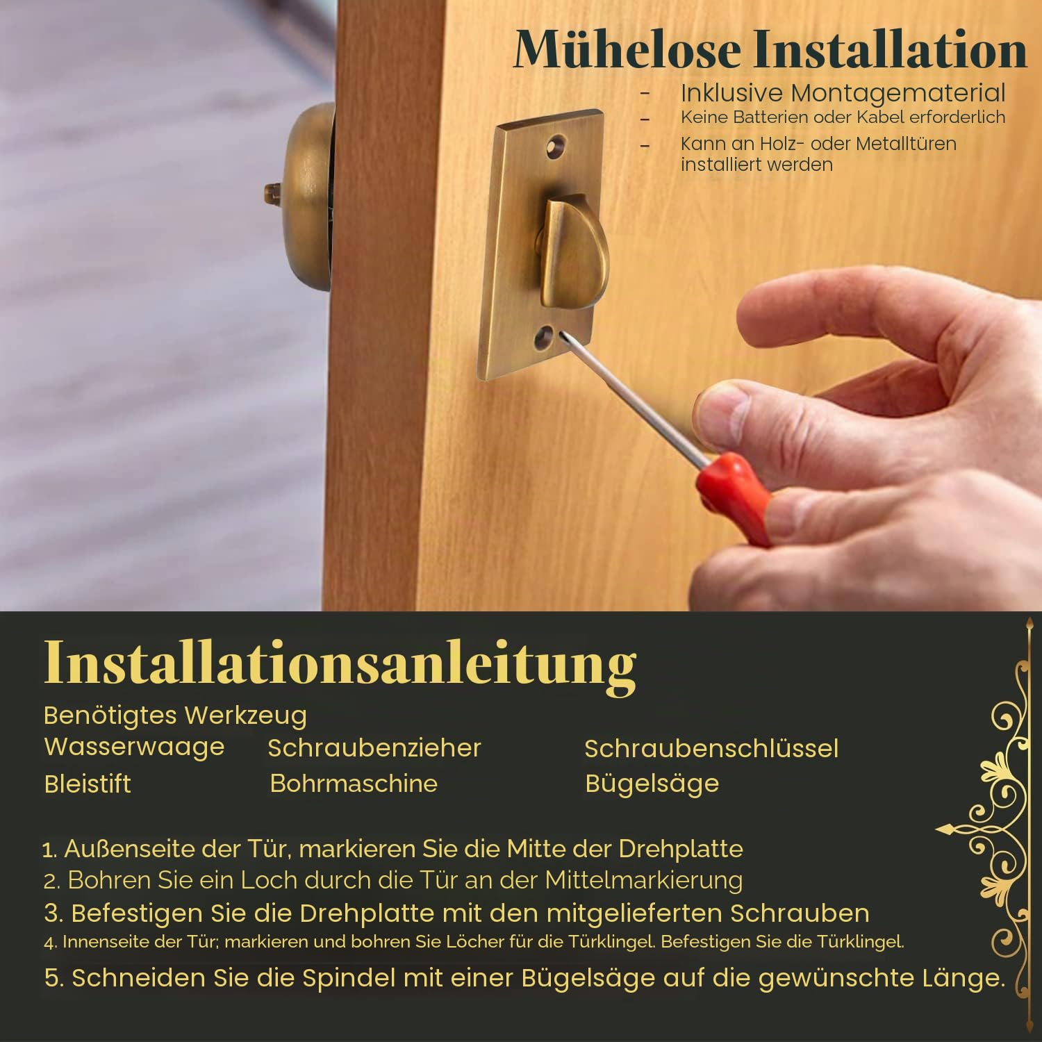 A29 Kabellose Türklingel im viktorianischen Stil, altmodische Türklingel mit manuellem Handdrehklingel, mechanischer Vintage-Ringer mit antikem Messing-Finish, traditioneller Haustüralarm, antikes