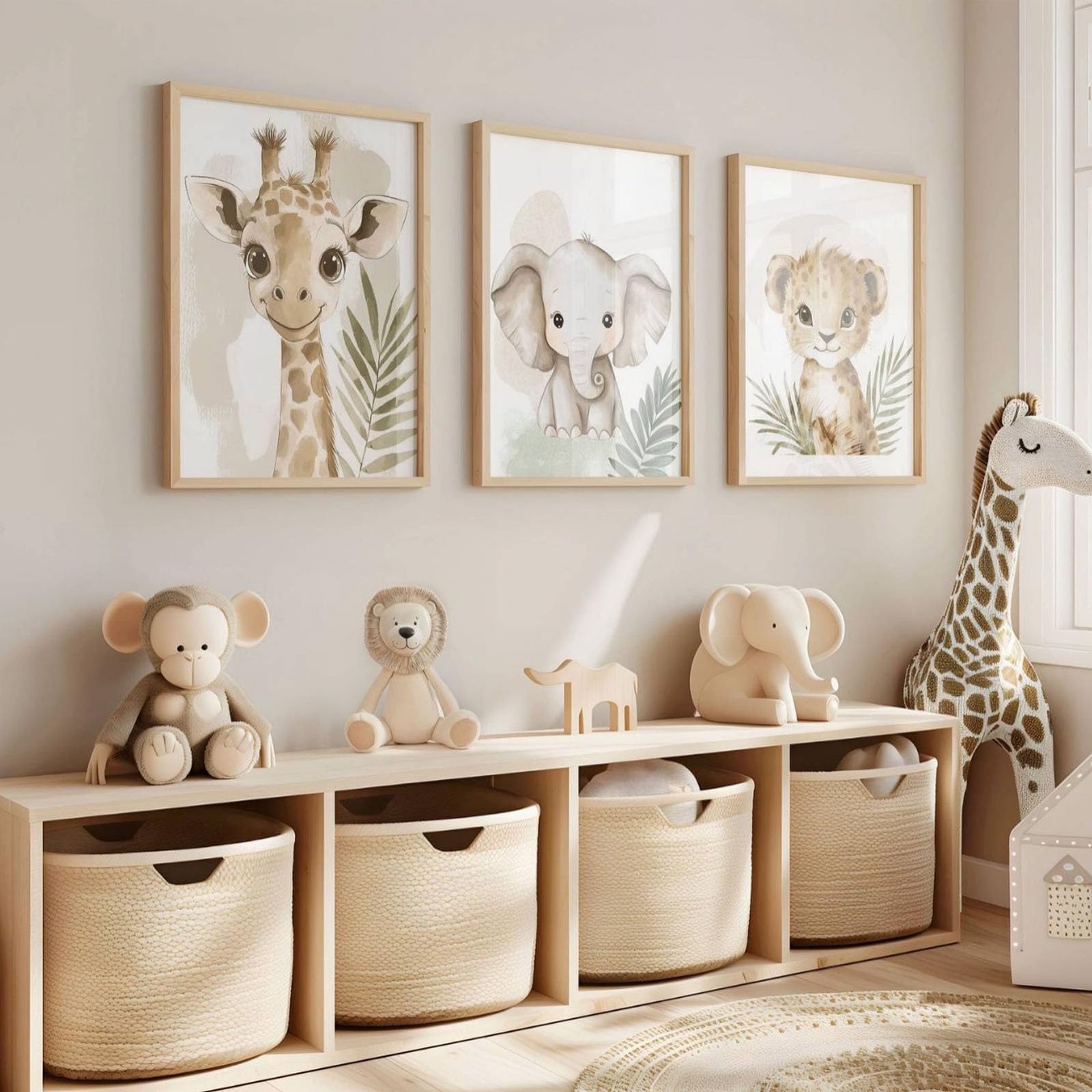 JORCEDI 3-Piece Animal Poster Set for Baby's Room, Cute Cartoon Designs in Neutral Natural Tones, Child-Safe Wall Decor for Children's Rooms, Unframed, Posters for Boys' Rooms (50 * 70cm)