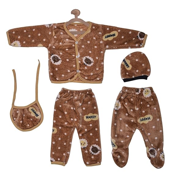 ADRIEL Bringing Joy New Born Woolen Winter Wear (New Born 0-3 Months Only) Complete Clothes Set of 5 Pcs. | 1 pc. Baby Bib | 1 pc. Baby Cap | 2 pc. Baby Pajamas I 1 pc Upper