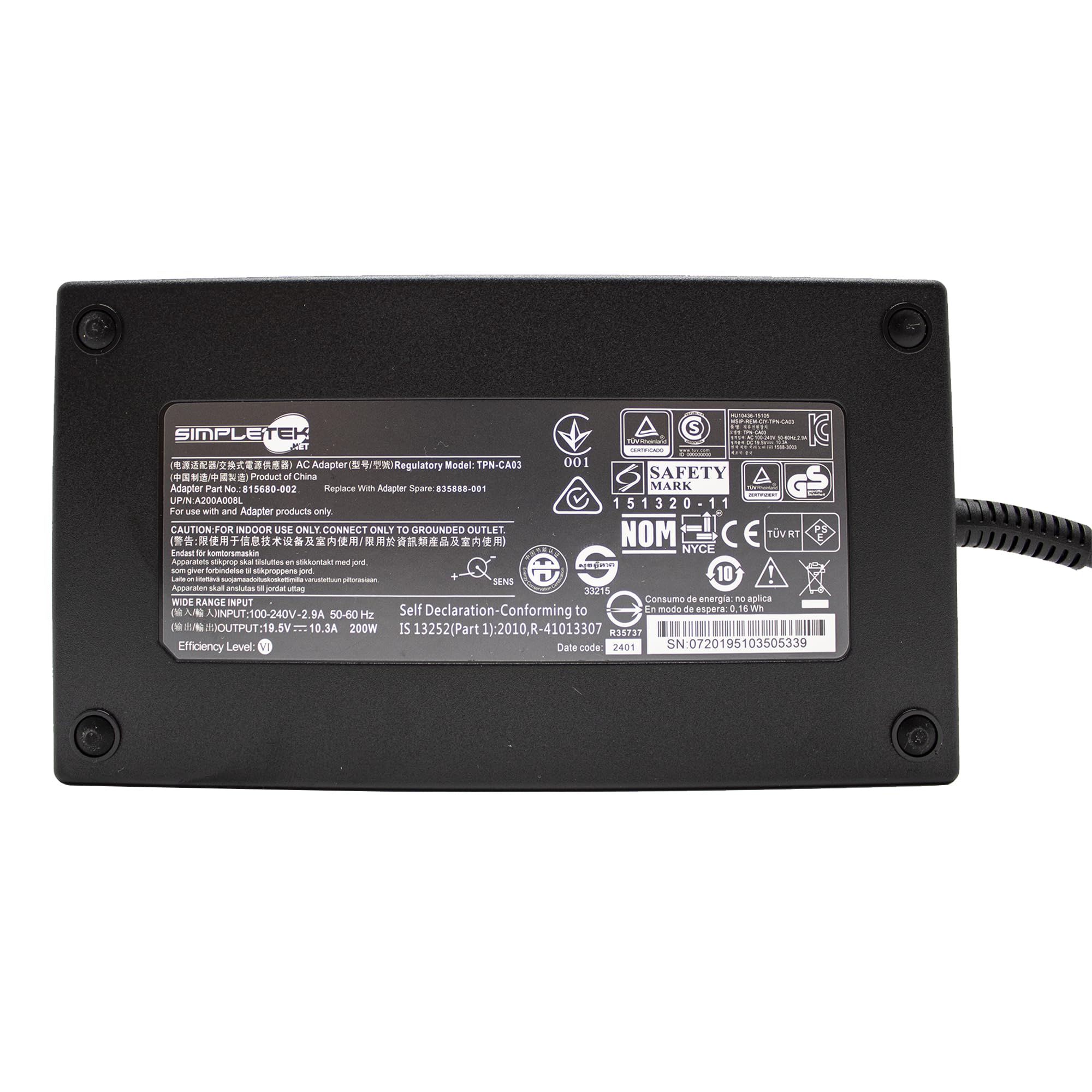 SIMPLETEK - Alimentatore Compatibile con HP ZBook G3 G4 G5 Omen 815680-002 W2F75AA L00895-003 TPN-CA03 645145-001 L00818-850 TPN-DA10