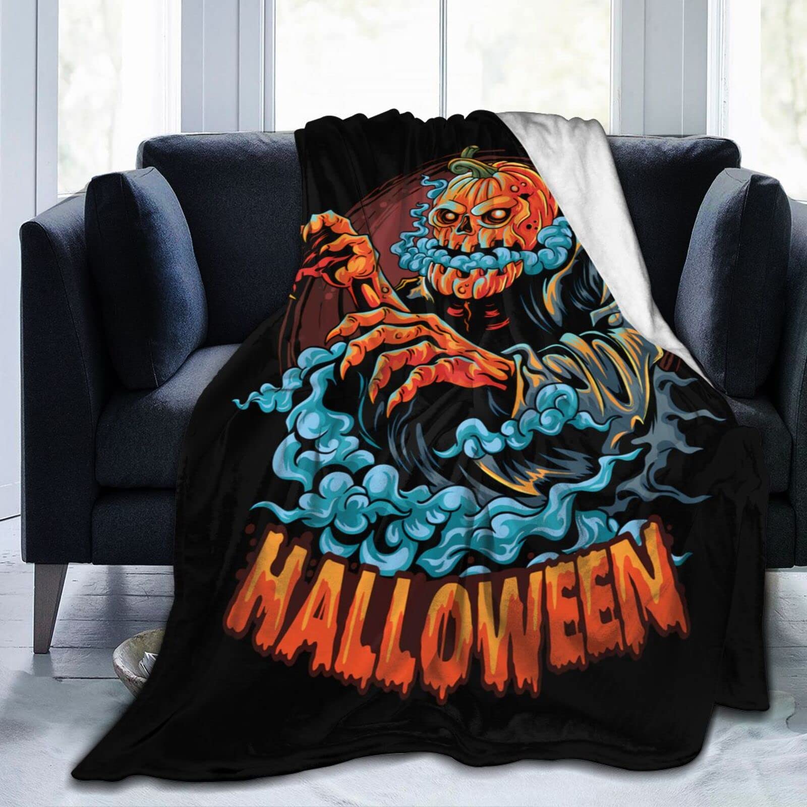 Lsjuee Halloween Zombie with A Pumpkin Head Throw Blanket Scary Halloween Design Blankets Lightweight Soft Cozy Flannel Blanket for Sofa Couch Bed Office 80"X60"