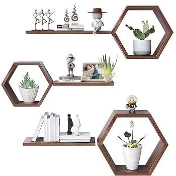 Amazon｜木製六角形フローティングシェルフ 壁取り付け、松の六