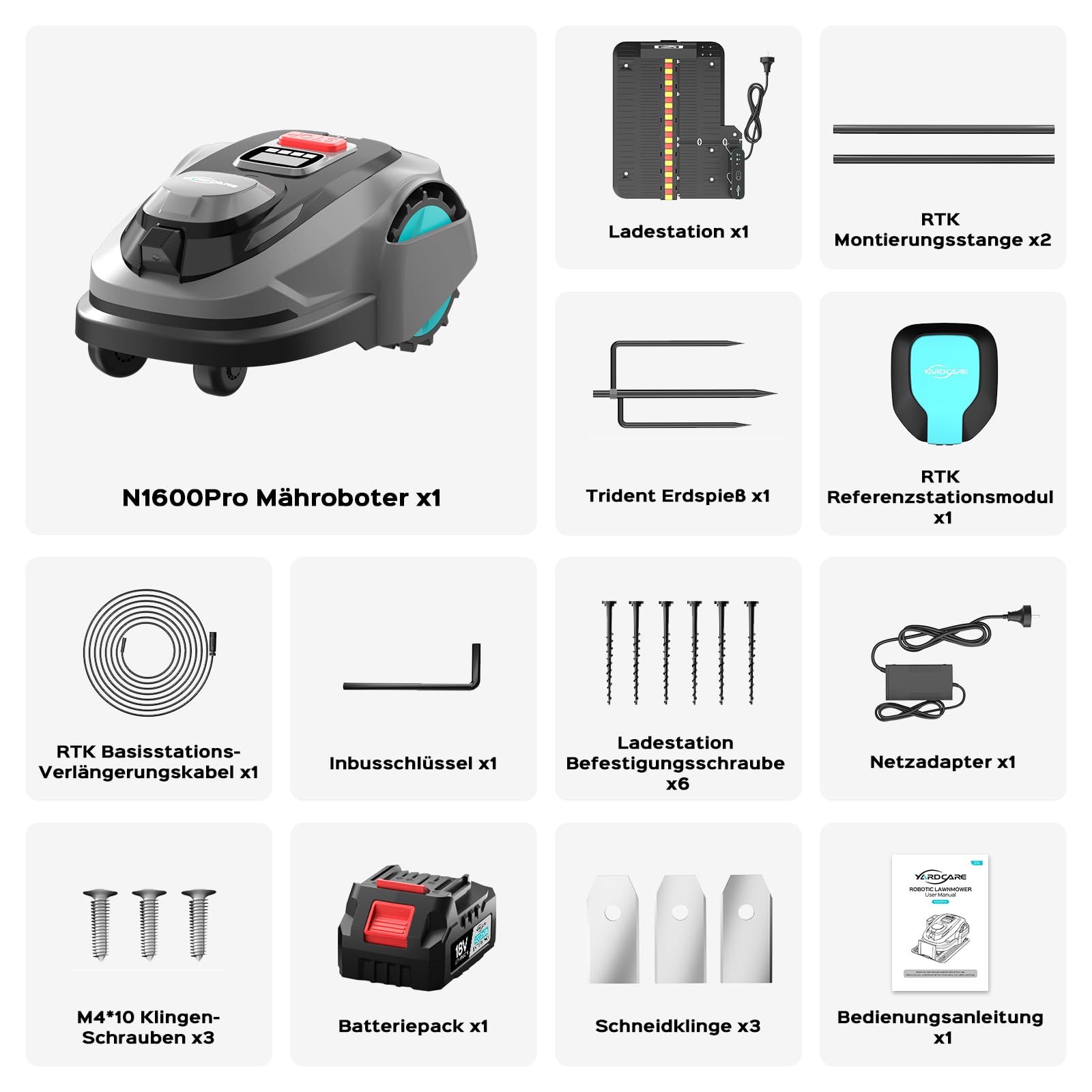 YARDCARE N1600PRO Mähroboter ohne Begrenzungskabel, RTK-Navigation mit 3D-Umgebungserkennung, 300+ Hinderniserkennung, bis 1600 m², App-Steuerung, automatische Ladung