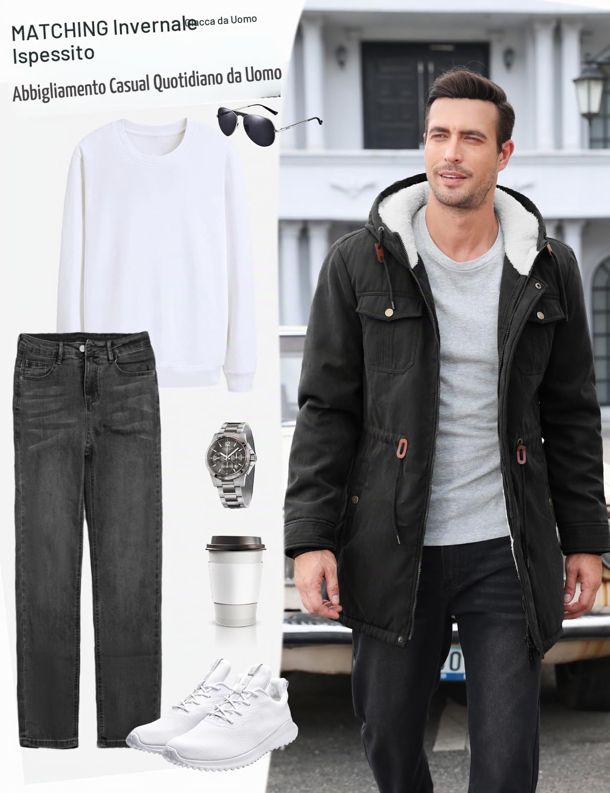 Parka Uomo Invernale Giubbotto Foderato in Pile Antivento e Caldo Cappotti Lungo Giacca con Cappuccio Giacconi Multitasche alla Moda