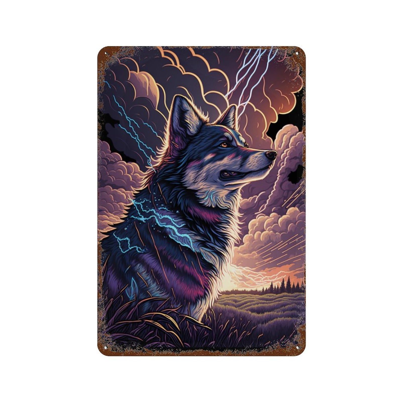 Thundering Wolf in Stormy Sky Retro Metal Sign 11.8"x7.9", Decorative Metal Wall Art for Basement, Hobby Room And Garage Decor