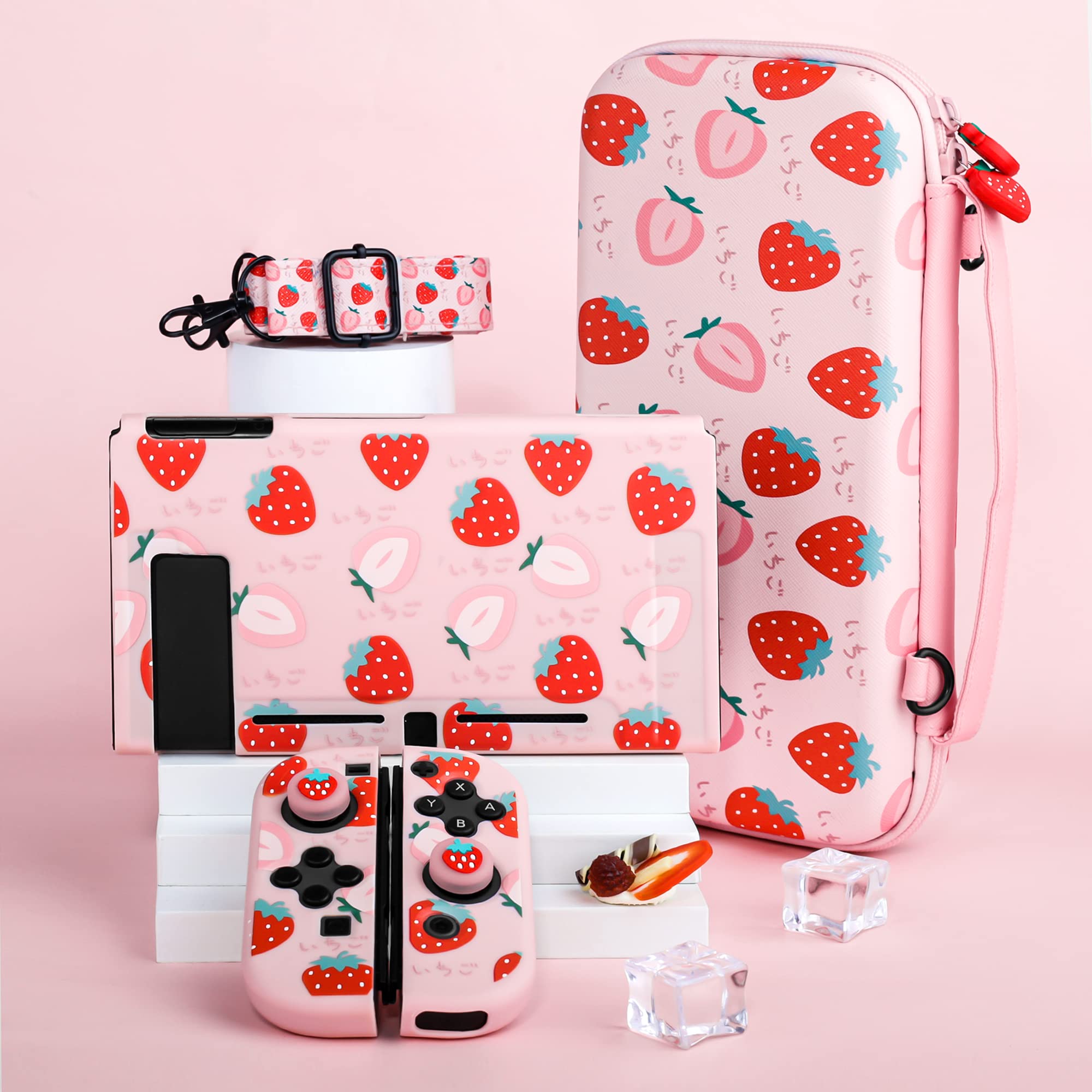 FUNDIARY Graziosa custodia per Nintendo Switch, borsa da viaggio per interruttore con custodia protettiva, protezione schermo, tracolla regolabile e 2 tappi per pollice fragola