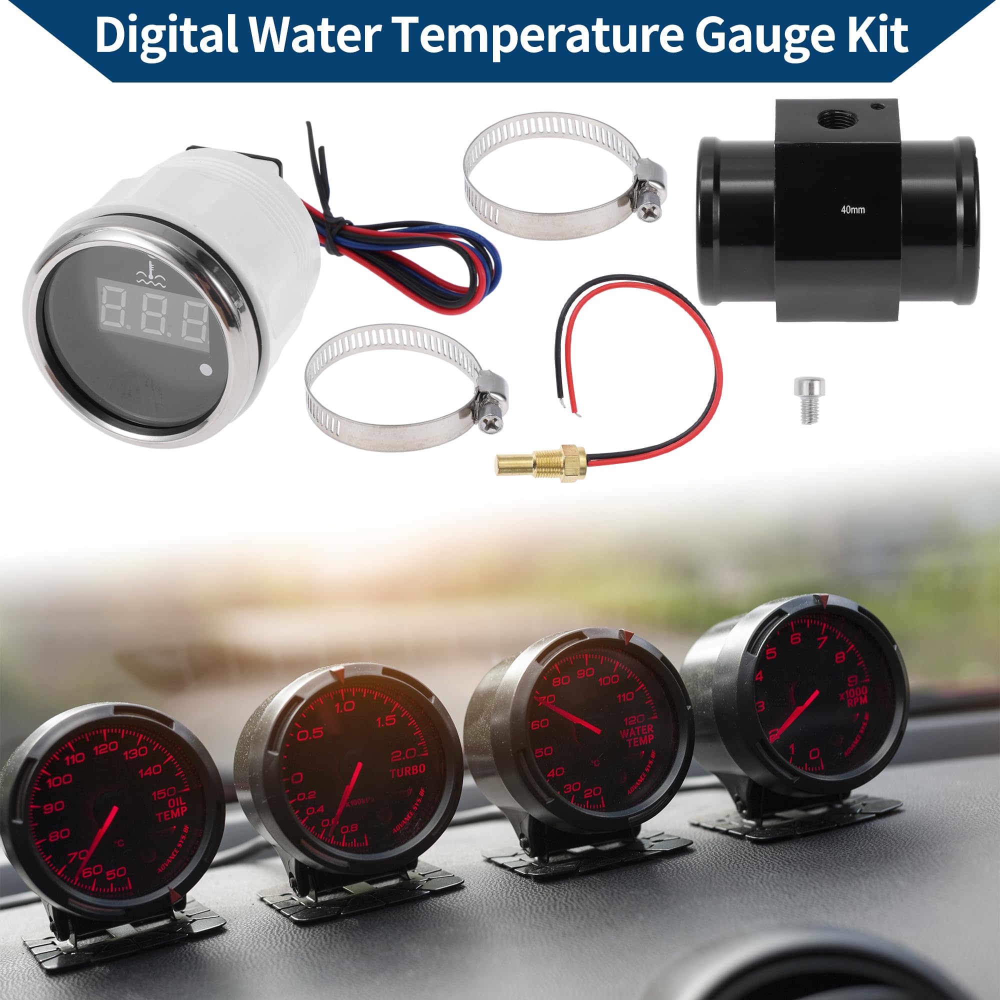 A ABSOPRO Kit universale di indicatore digitale della temperatura dell'acqua da 1,57" per sensore radiatore a tubo di raccordo nero, 100-300°F - Display LED per autoveicoli a 12V CC
