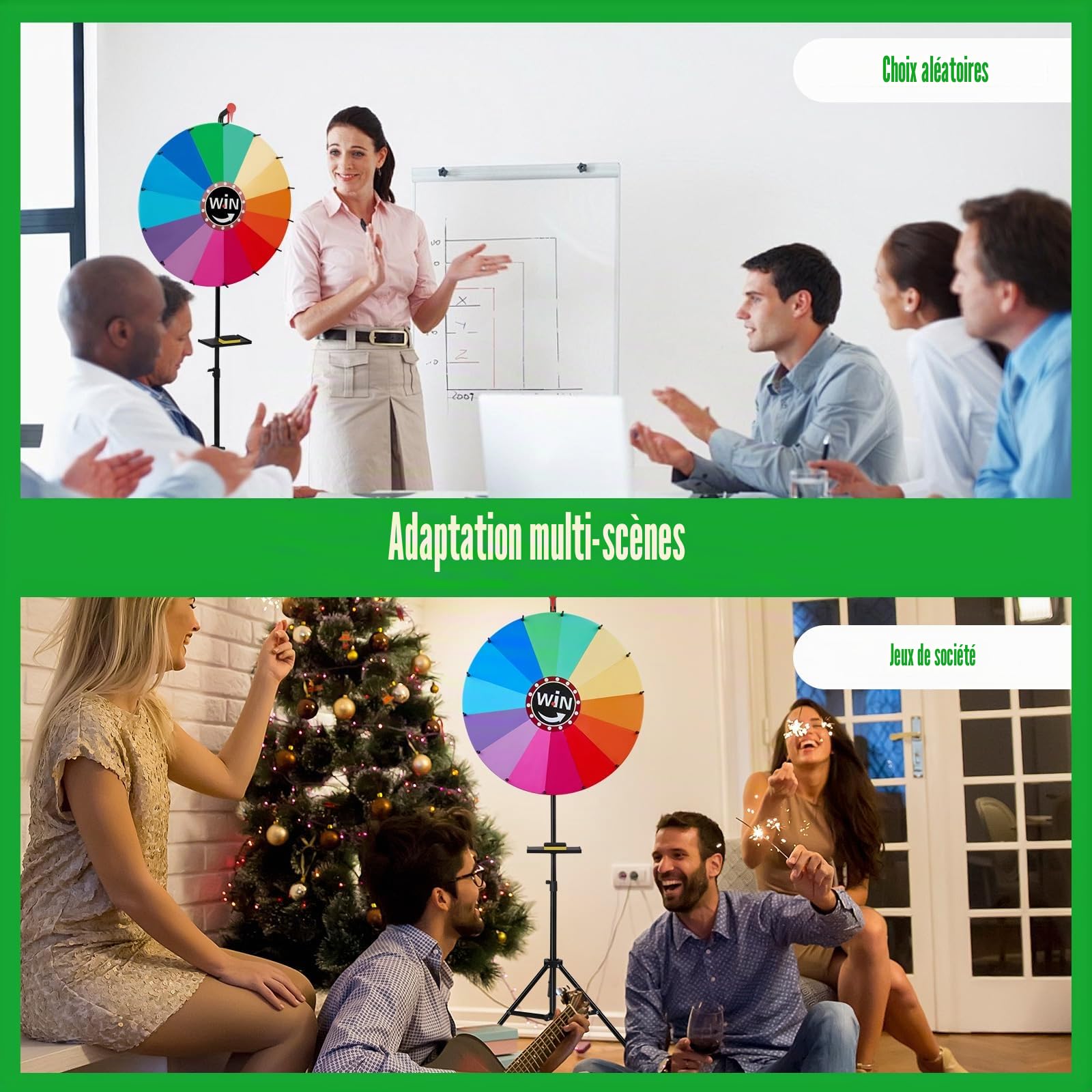 Grande roue porte-bonheur de 61 cm à tourner - Roue de fortune pour créer des dauphins - Avec 14 places de prix de couleur réglables - Support réglable de 100 à 160 cm - Roue rotative - Jouet pour