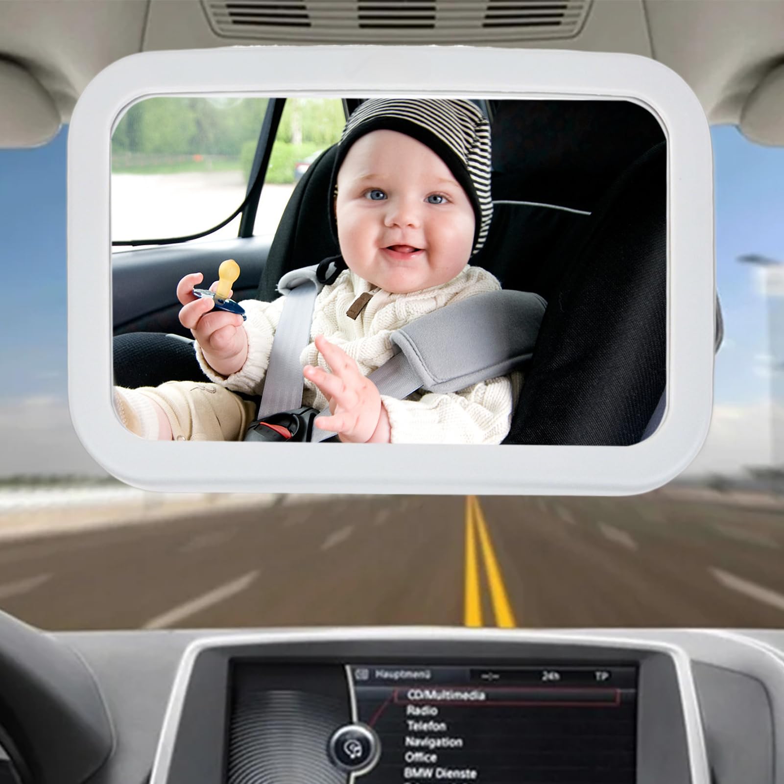 Espejo de asiento de coche de bebé orientado a la parte trasera – Espejo de equipo LED con visión amplia para asiento de coche – Espejo retrovisor ancho con USB para asiento trasero, viajes y viajes