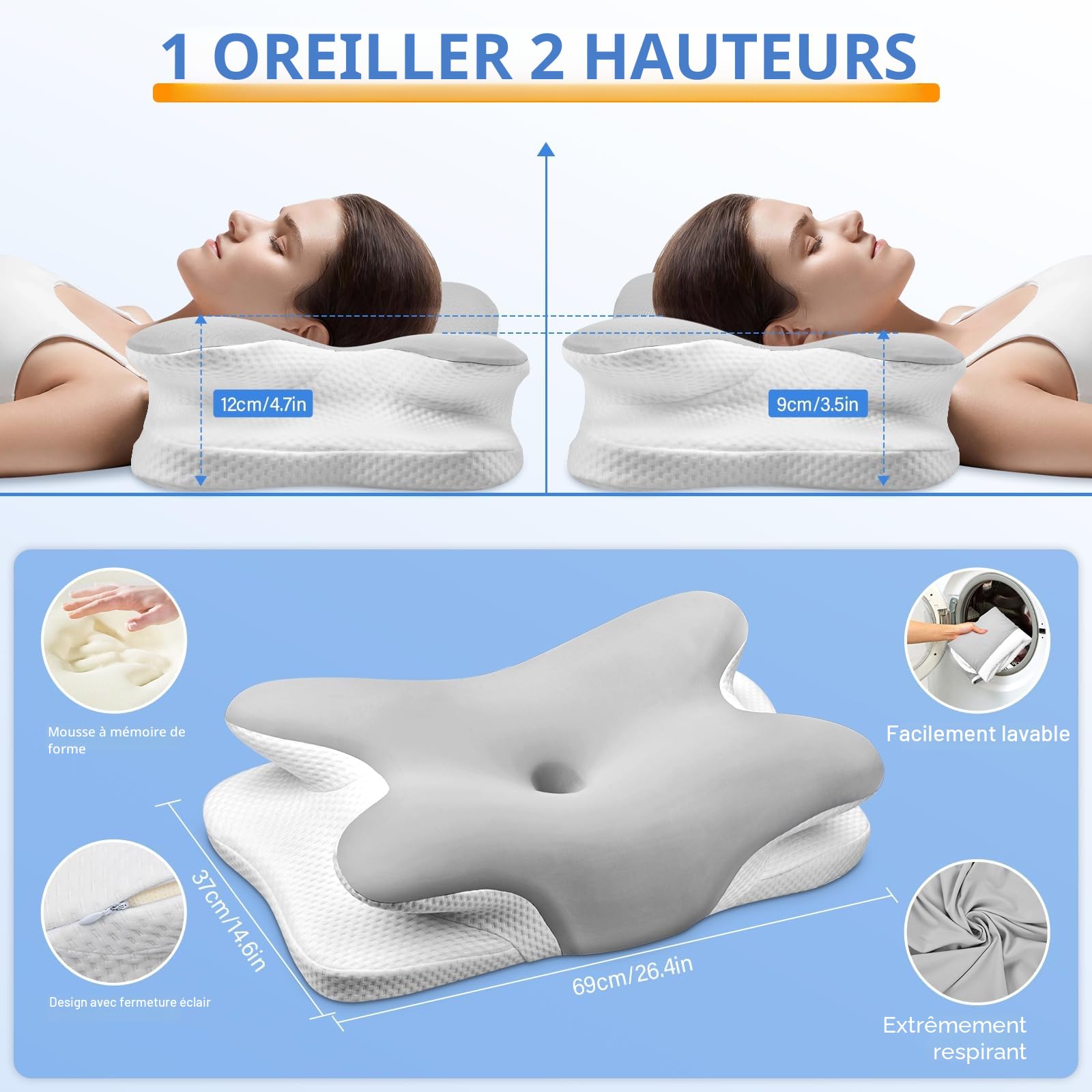 Ehomfory Oreiller Ergonomique Cervical, 2 en 1 Oreiller Memoire Forme pour la Nuque, pour Dormir sur Le côté, Le Dos et Le Ventre, Argent