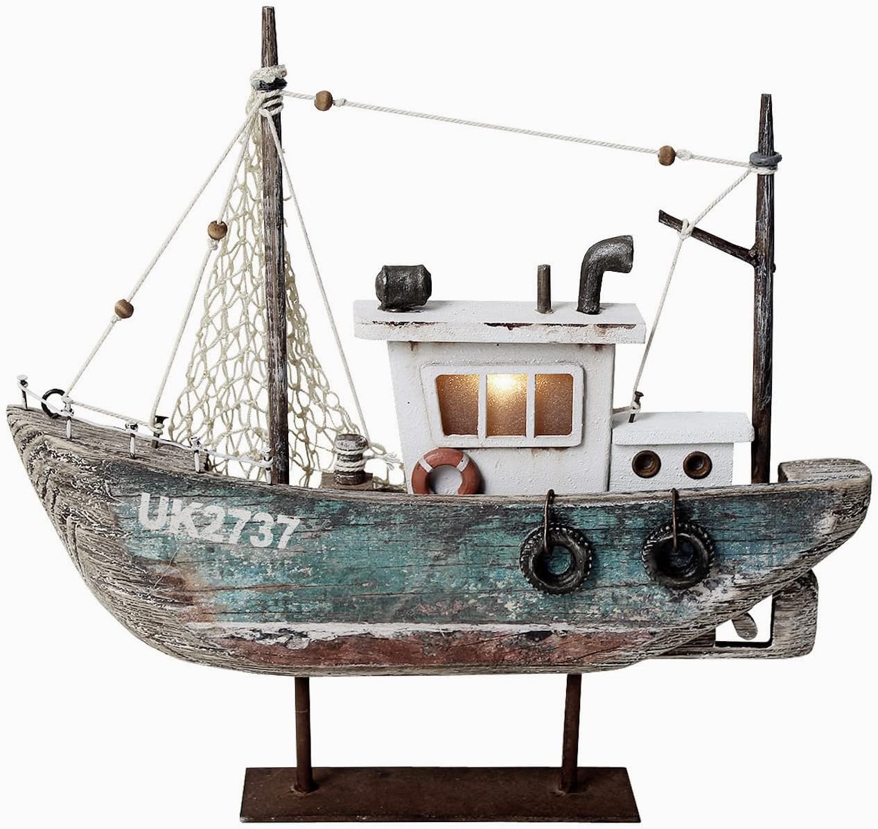 Aecipl Nautical Decor Wood Sailboat Model with LED Light - Beach Themed Sailing Boat Ornament Wooden Coastal Tabletop Centerpiece Home Shelf Decoration