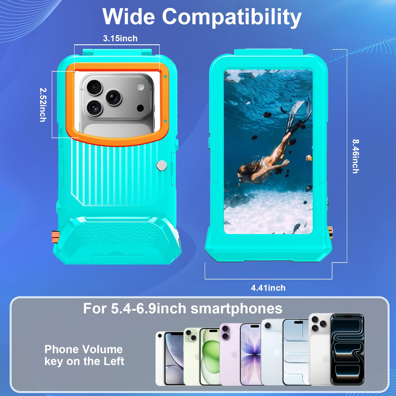 Custodia impermeabile per immersioni subacquee per snorkeling e immersioni, 15 m sott'acqua, per iPhone 17/16/15/14/13 Pro Max Plus, dimensioni telefono 5,4-6,9 pollici con pulsanti del volume