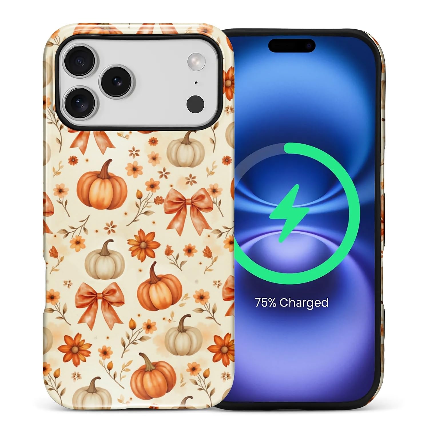 for iPhone 17 Pro Max Case for Women Girl Men Boy, Compatible with MagSafe, Shockproof Soft Silicone & Hard PC Shell Protective Case for iPhone 17 Pro Max - Autumn Flower Pumpkin Ribbon