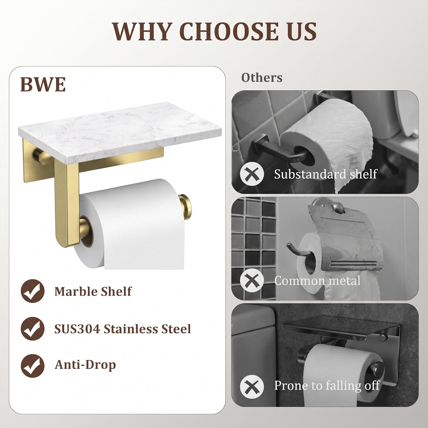 BWE Brushed Gold Toilet Paper Holder with Marble Shelf Wall Mounted — Amazon image 7