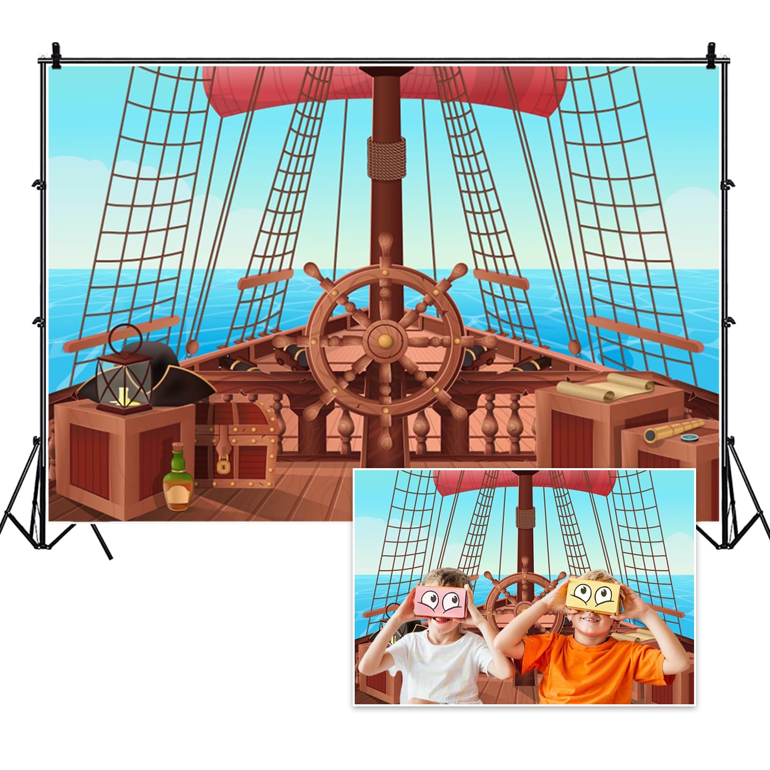 Vie Savaran 7x5ft Vintage Pirate Ship Backdrop, Nautical Adventure Wooden Sailing Boat Rudder Treasure Chests Battleship Photography Background for