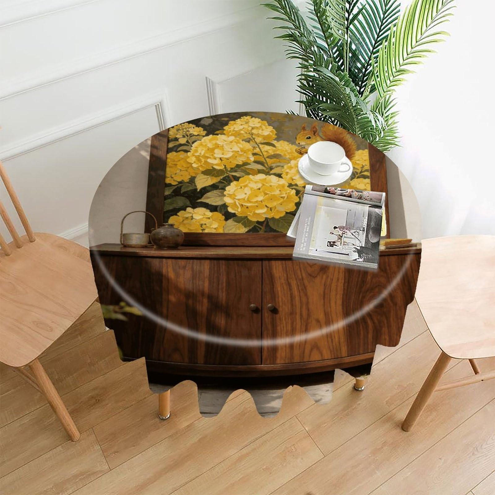 LDGSUPH Wenge Stil De Grain Yellow Squirrel Hydrangea Round Tablecloth Cover Washable Luxurious Fabric Table Cover Decor Wrinkle Free Fashion Round Table Cloth for Home Dining Kitchen Party 60 in