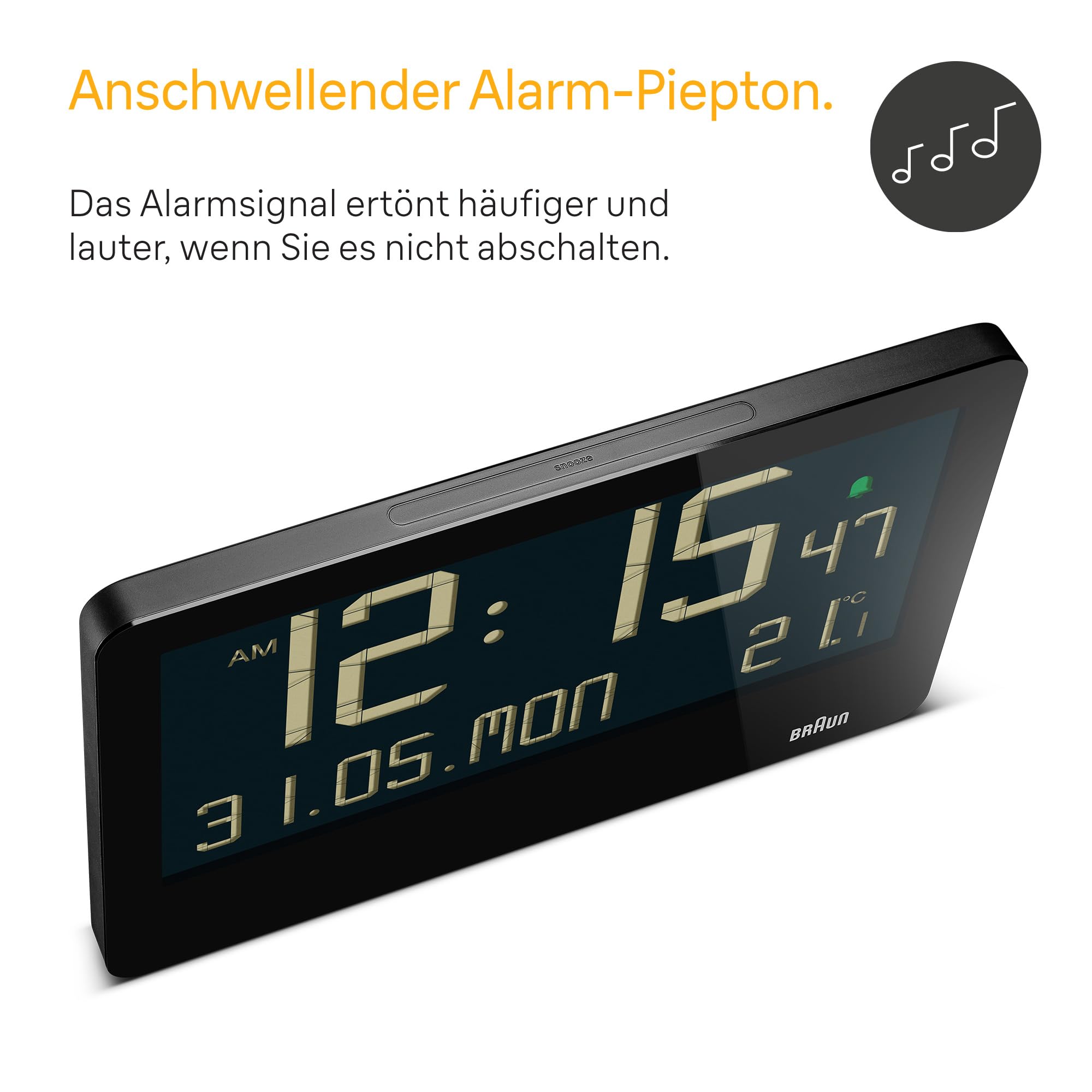 Braun Digitale Wanduhr mit Innentemperatur, Datum, Wochentag, großem umgekehrtem LCD-Display, Schnelleinstellung, Piepton-Alarm in Schwarz, Modell BC14B.