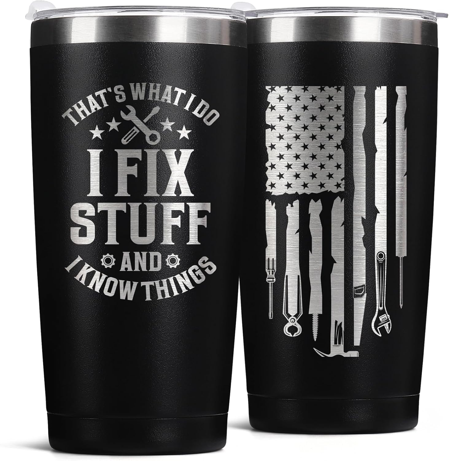 Father’s Day Gift for Dad, Grandpa, Husband & Mechanics – 20oz Black Tumbler | I Fix Stuff & I Know Things – Funny Christmas Birthday Gift for Men | Dad Gifts