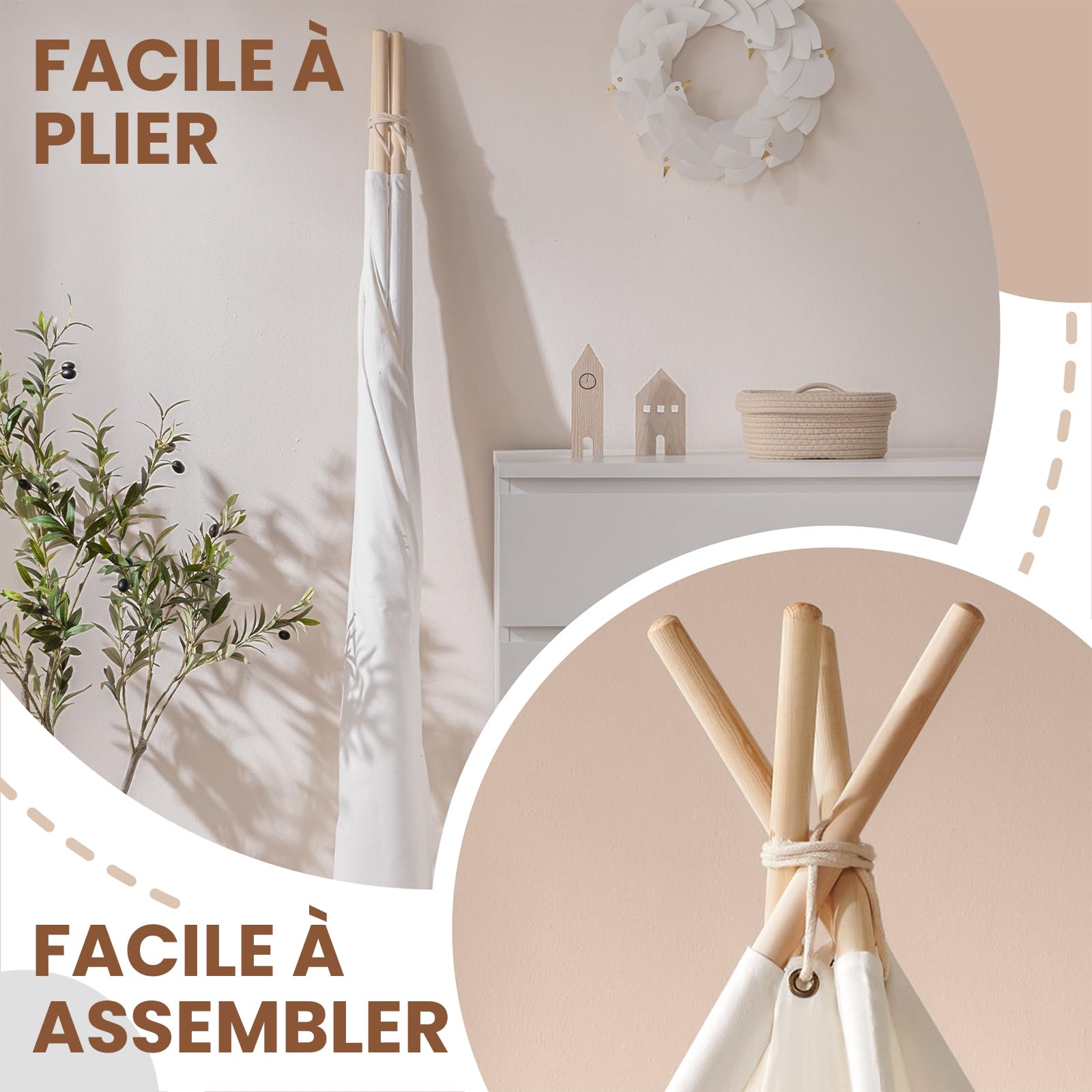 Tiny Land Tipi Enfant Intérieur avec Tapis & Guirlande Lumineuse - Cabane Enfant en Toile pour Chambre Bébé Fille & Garçon, Tente de Jeux Pliable Intérieur/Extérieur, Déco Maison & Cadeau 3 Ans+