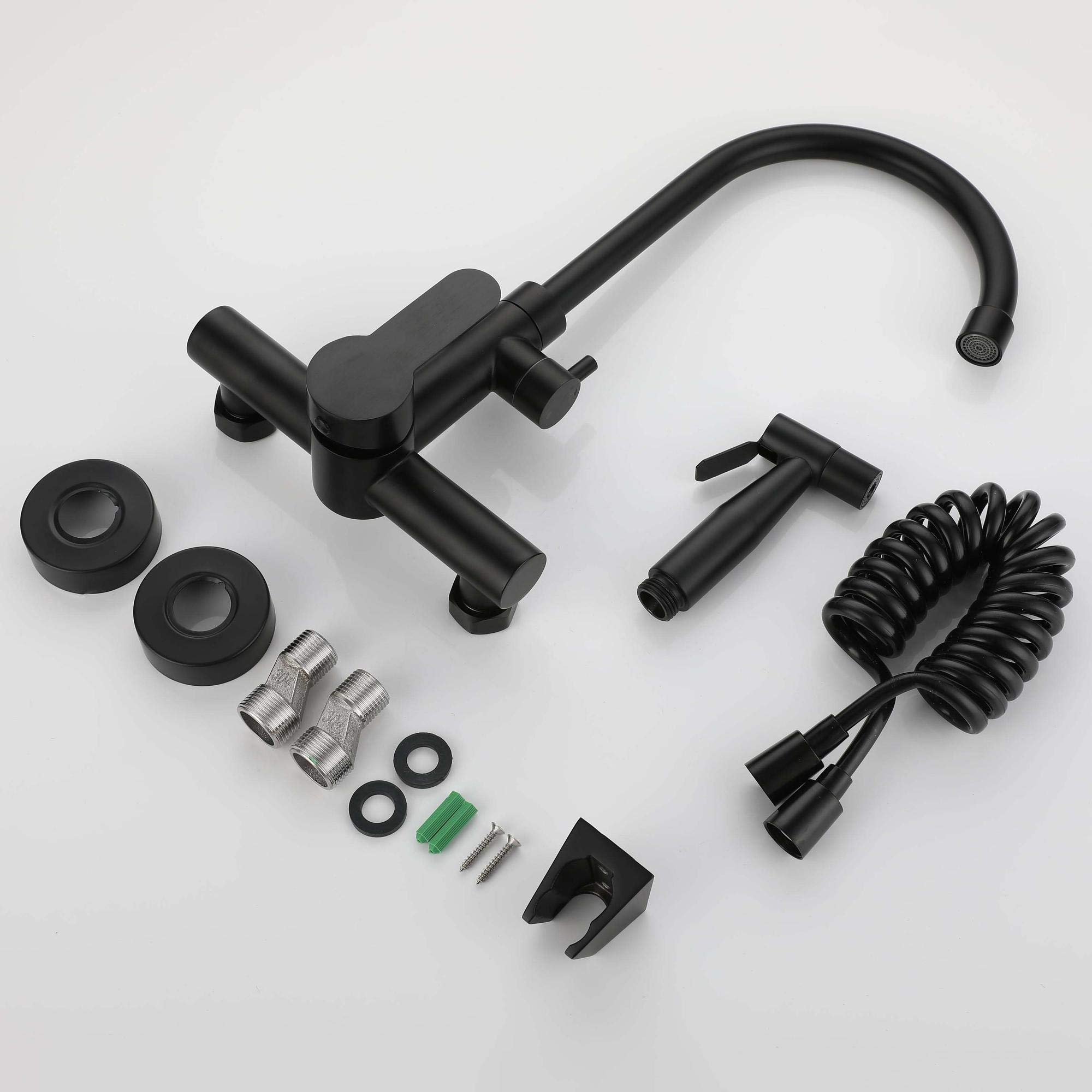 HomeLava Grifo Cocina Pared con Pistola, Grifo de Cocina Negro, Mezclador Cocina de Acero Inoxidable 304 con Caño Alto Giratorio de 360°, Grifo de Agua Fría y Caliente