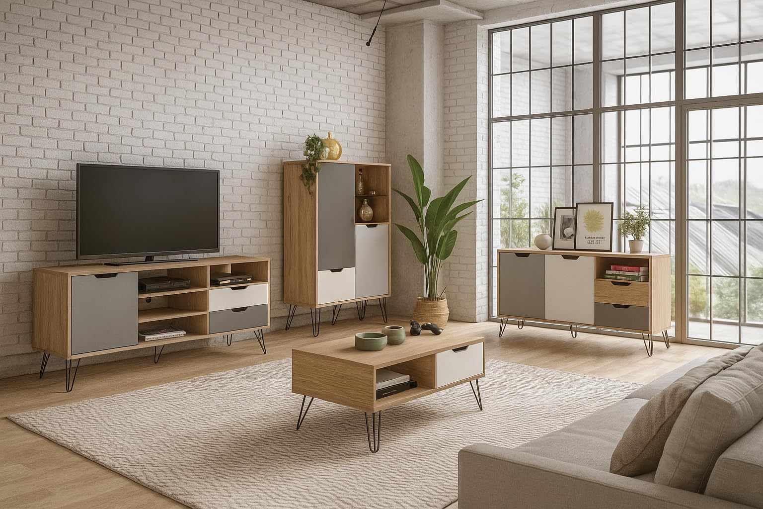 MOMMA HOME Conjunto Completo de Salon y Comedor, Modelo Estocolmo, Acabado Roble, Blanco y Gris, Aparador + Mueble TV + Mesa de Centro + Aparador Alto Botellero