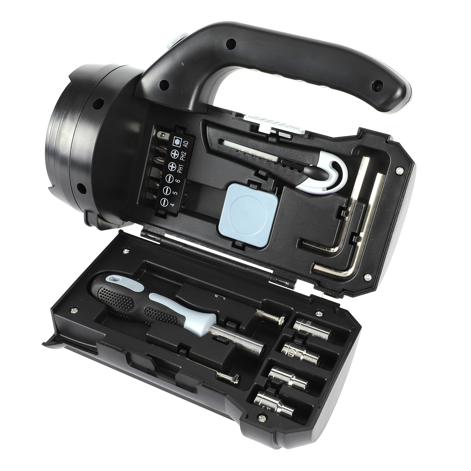Healeved Lampe Torche Fonctionnelle Portable avec Outils en Acier Carbone et Abs, Haute Luminosité, Kit Complet pour Camping et Activités Extérieures en Famille