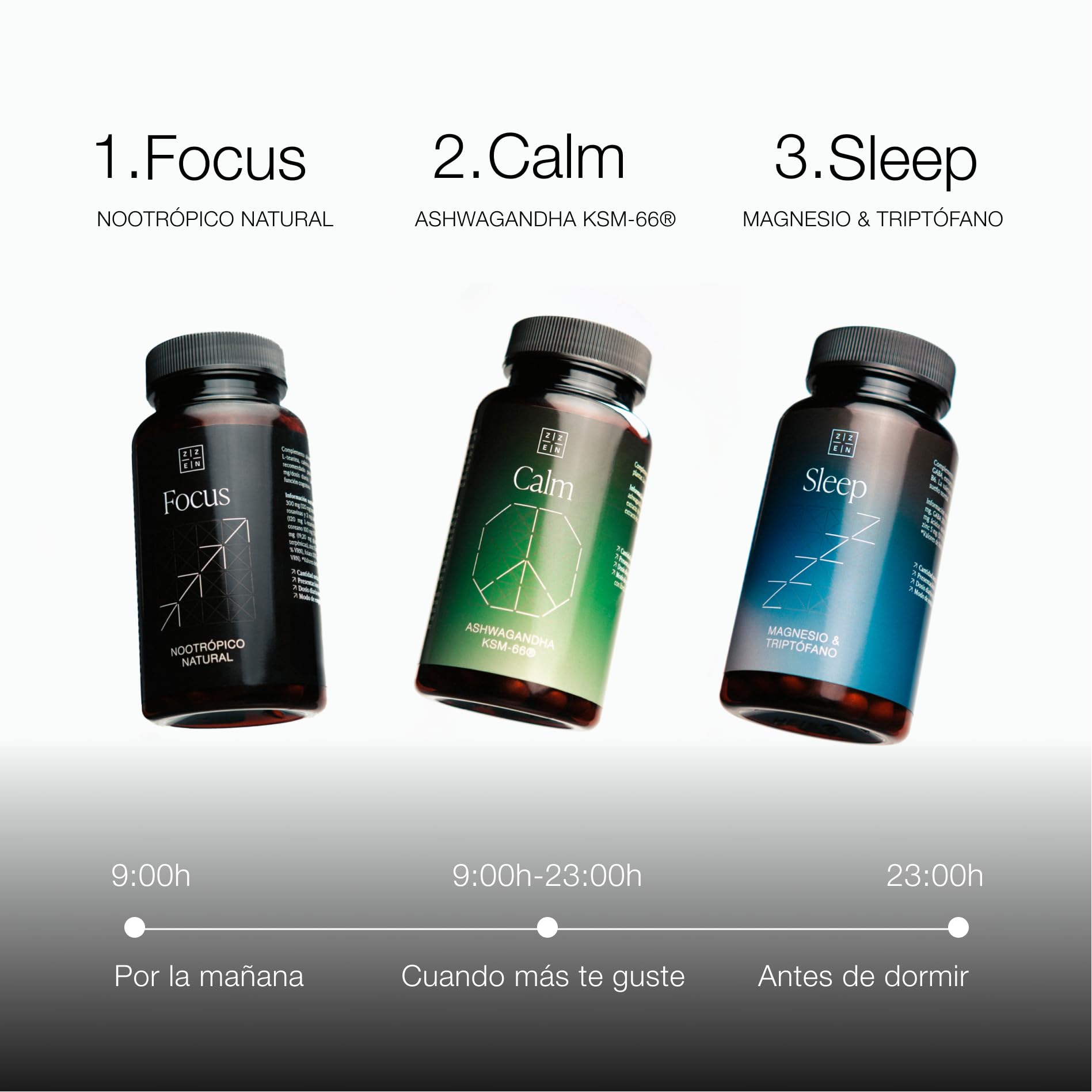 MODO ZZEN - Pack de 3 | Nootrópico para la Memoria, Energía y Concentración (FOCUS) + Ashwagandha KSM-66 para el Estrés (CALM) + Magnesio Bisglicinato y L-Triptófano para el Sueño Profundo (SLEEP)