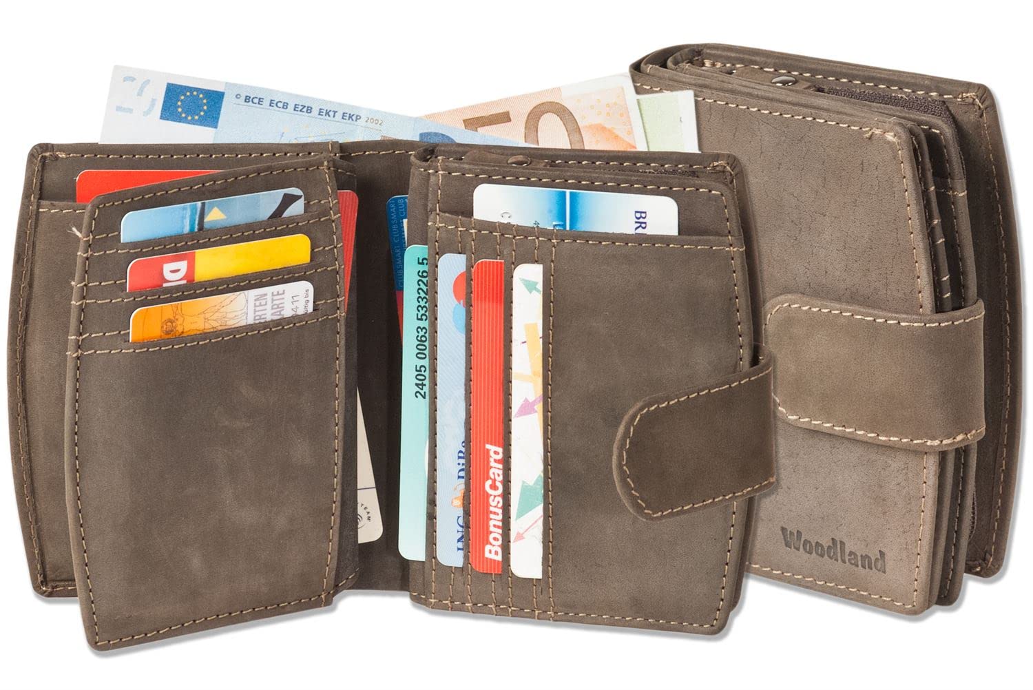 Woodland Monedero compacto de lujo de las mujeres con muchos bolsillos para tarjetas de crédito hechas de aficionados no tratados