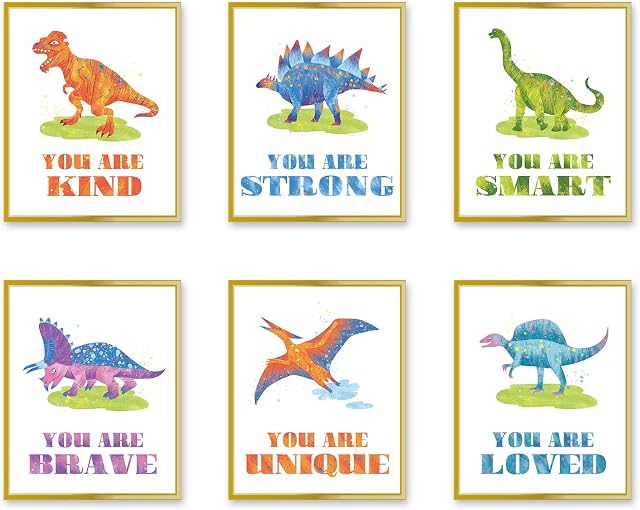 HOMANGA Dinosaur Boys Room Decor, Toddler Room Wall Art, Posters For Teen Boys Room, Kids Room Wall Art Prints, Motivational Wall Decor for Bedroom (Set of 6, 20x25cm, Unframed)