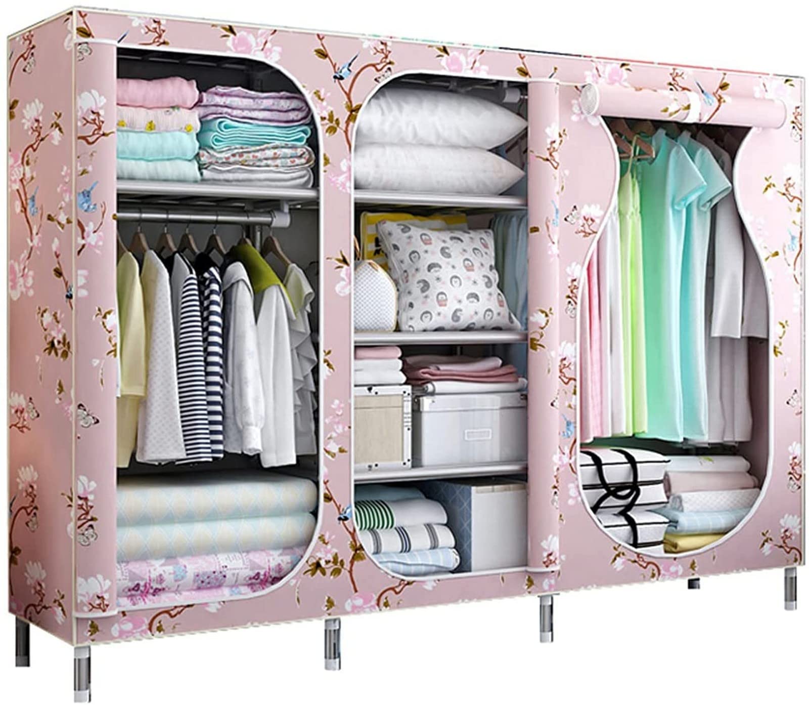 Armoire portative en tissu 3 portes grand placard en métal pour bébé 168x45x210 cm