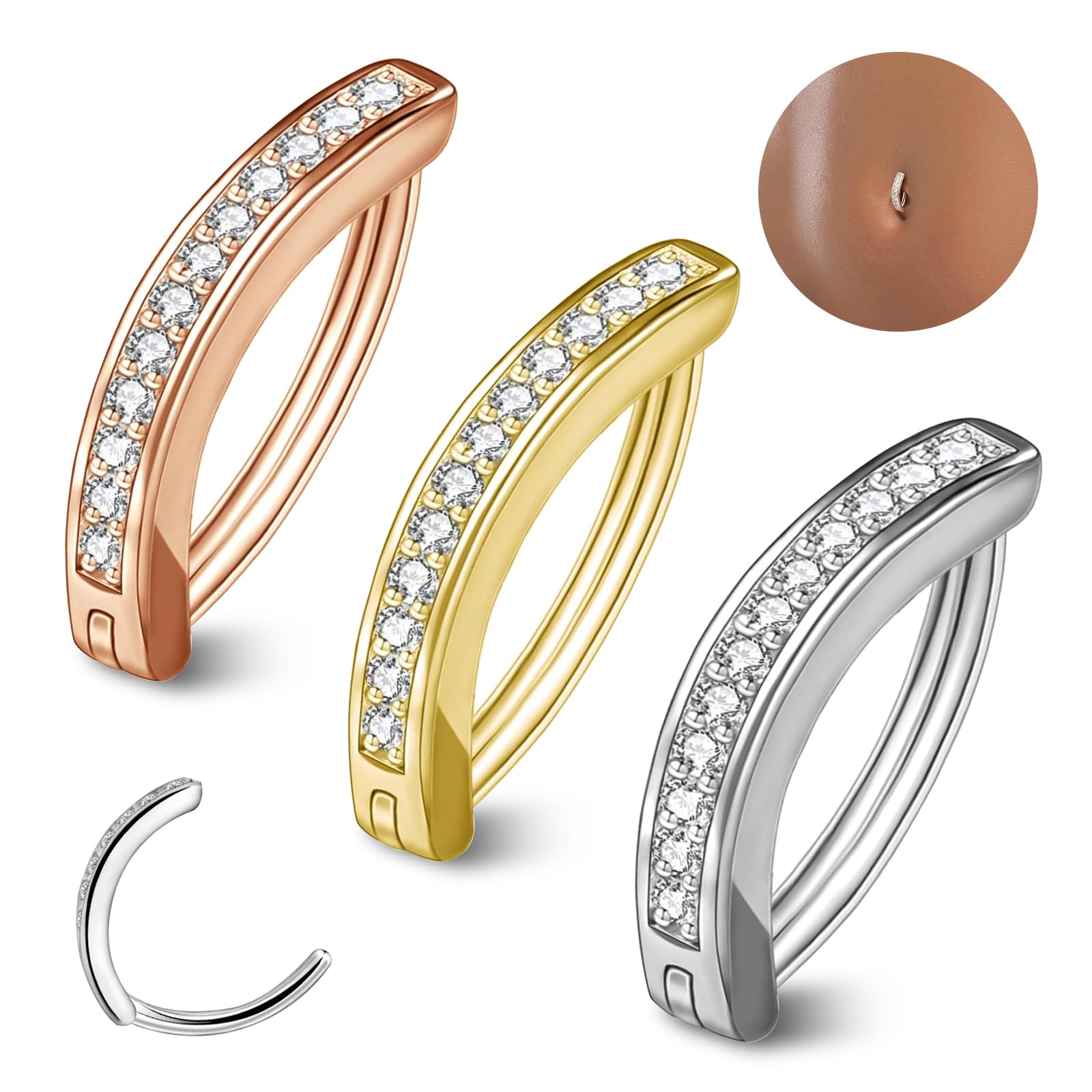 Fitbitop 3 piercings para ombligo, plata de acero inoxidable, piercing para ombligo, piercing para ombligo, plata/oro/oro rosa, joyería para el cuerpo, piercing para hombre y mujer, Acero inoxidable