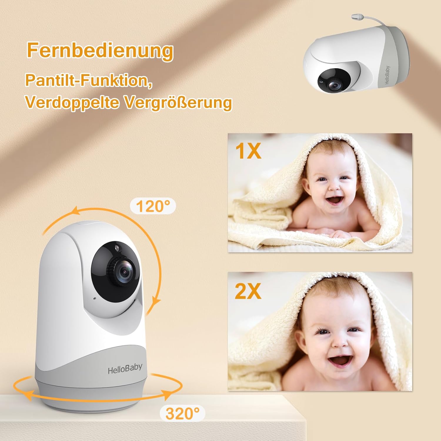 HelloBaby camera showing 360-degree pan and 120-degree tilt with 1x and 2x zoom examples