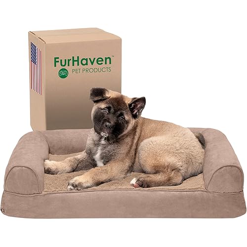 Furhaven Memory Foam Dog Bed for Medium/Small Dogs w/ Removable Bolsters & Washable Cover, For Dogs Up to 35 lbs - Plush & Suede Sofa - Almondine, Medium